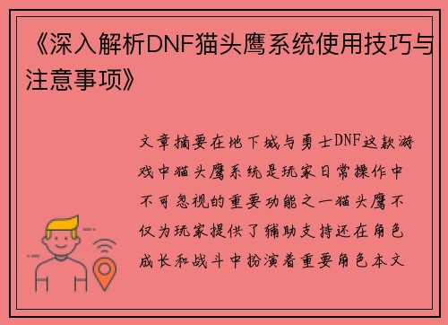 《深入解析DNF猫头鹰系统使用技巧与注意事项》