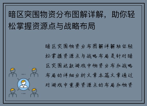 暗区突围物资分布图解详解，助你轻松掌握资源点与战略布局